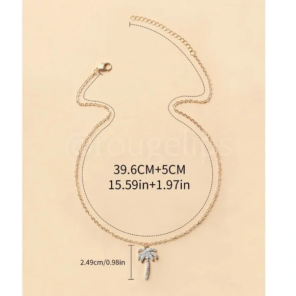 Encrusted Palm Tree Charm on a Yellow Gold Tone Chain Necklace Pendant - Picture 3 of 10